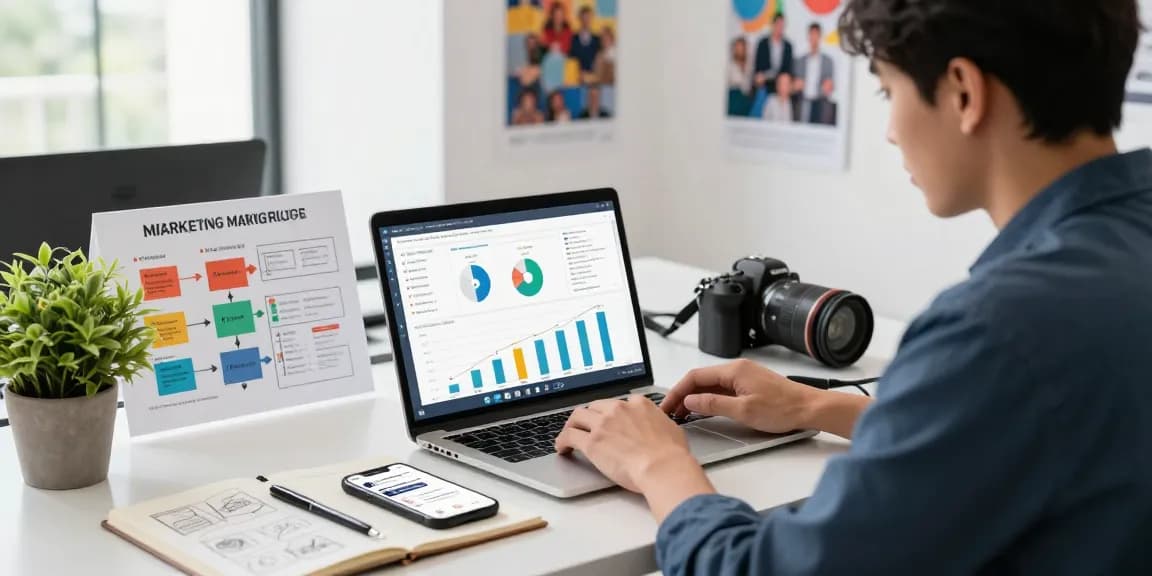 Young professional analyzing multi-channel lead acquisition strategies in a modern marketing workspace.
