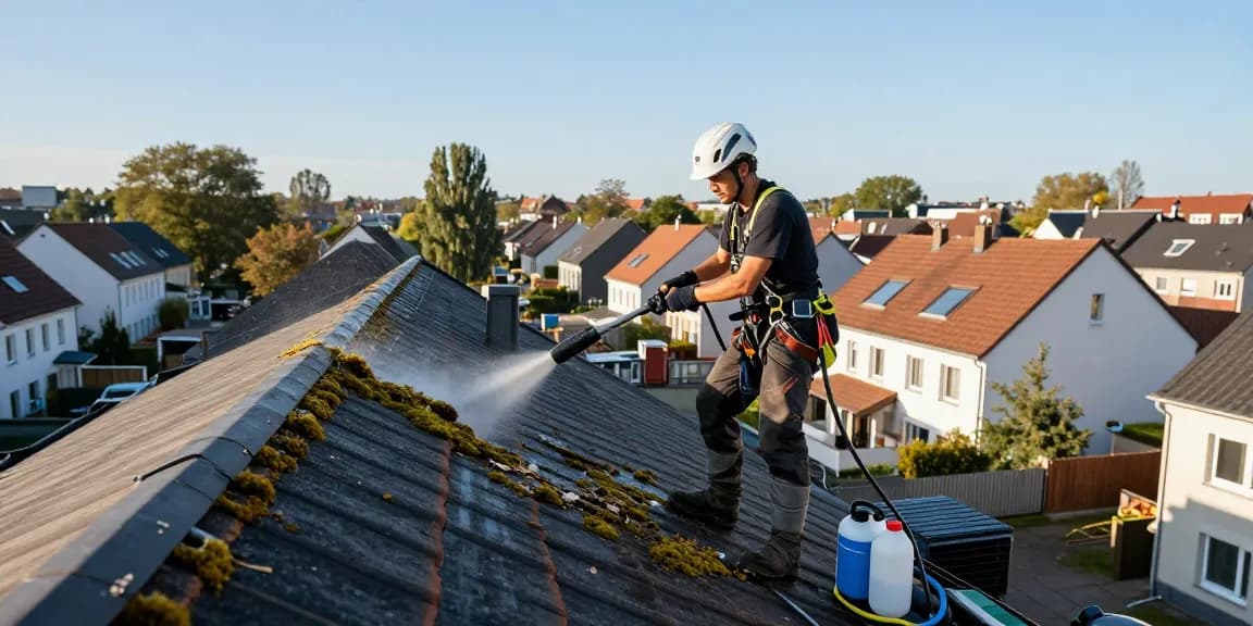 Dachreinigung Firma Dortmund bei der professionellen Reinigung von Dächern in Wohngebieten, um Sicht und Langlebigkeit zu steigern.