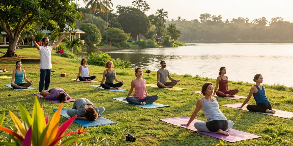 Participants in yoga teacher training Sri Lanka practicing poses by the lake under the sun.