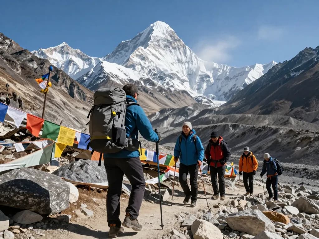 Everest Base Camp Heli Trek adventurers on a stunning mountain trail, surrounded by high peaks and vibrant landscape.