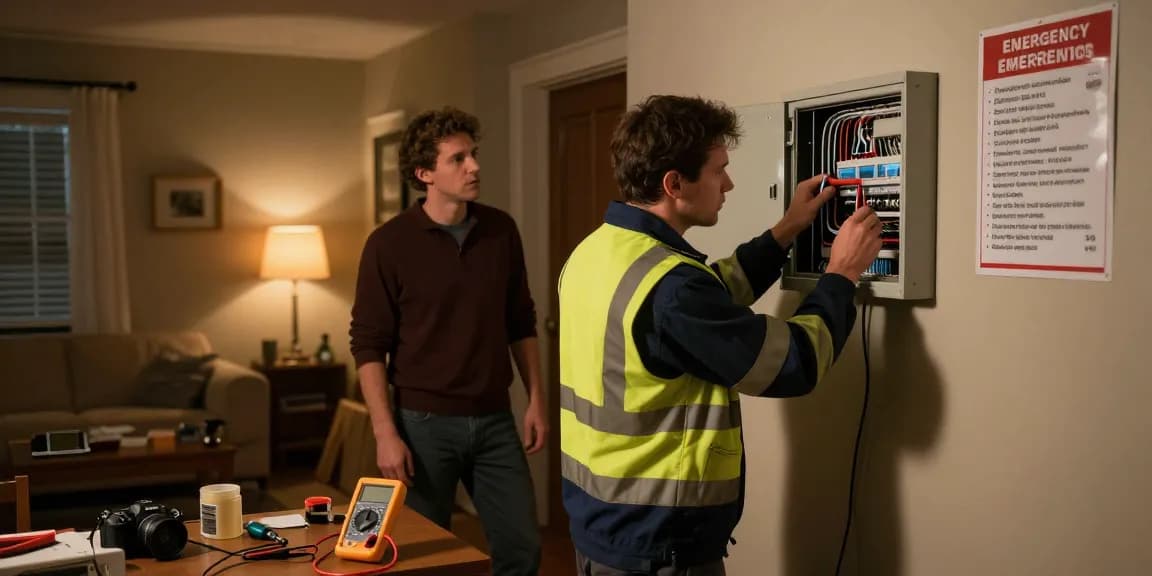 This page showcases emergency electrical services addressing power outages with technicians diagnosing issues in a home setting.