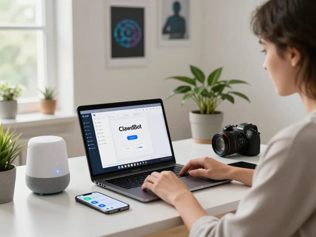 Engaged user interacting with Clawdbot AI assistant on laptop in a modern home office.