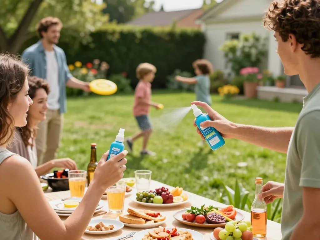 Group applying Best Mosquito Repellent during a lively outdoor barbecue with friends.