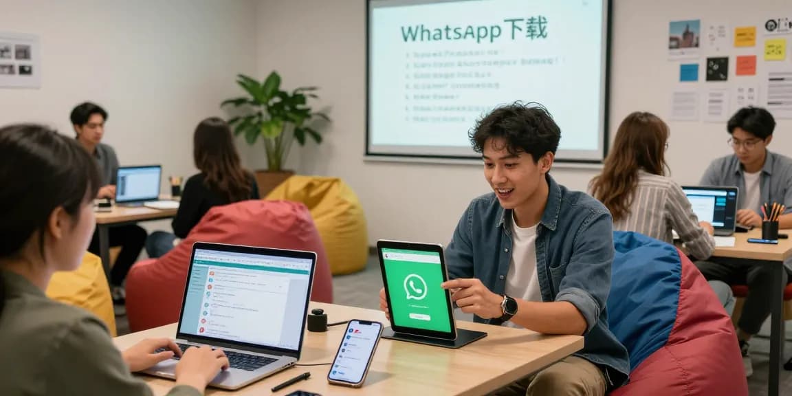 Engaging tech workspace showcasing WhatsApp下載 application demonstration in a vibrant co-working setting.