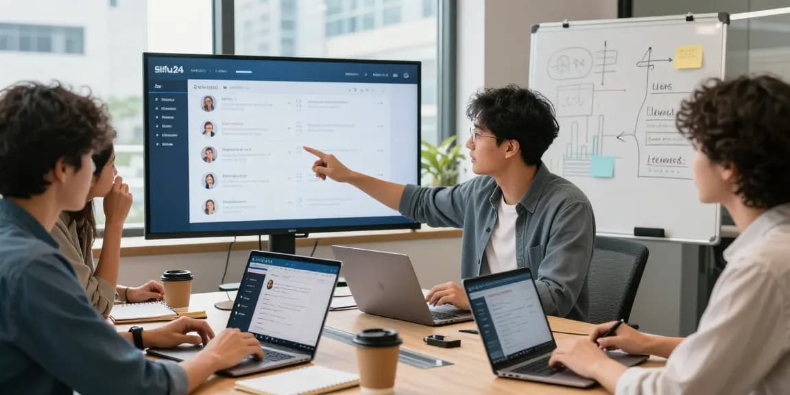 Innovative professionals collaborating at a modern workspace with the Sifu24 HK app on display, emphasizing the platform's client-to-professional services.