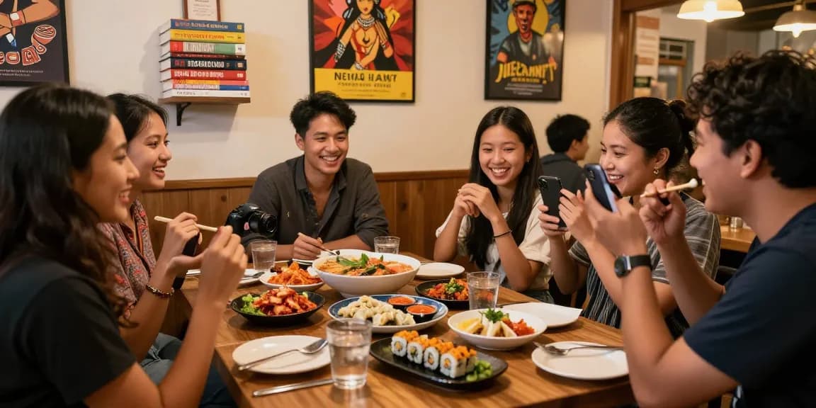 Gathering at https://hanadultalk.com featuring friends enjoying Asian cuisine, showcasing cultural connections.