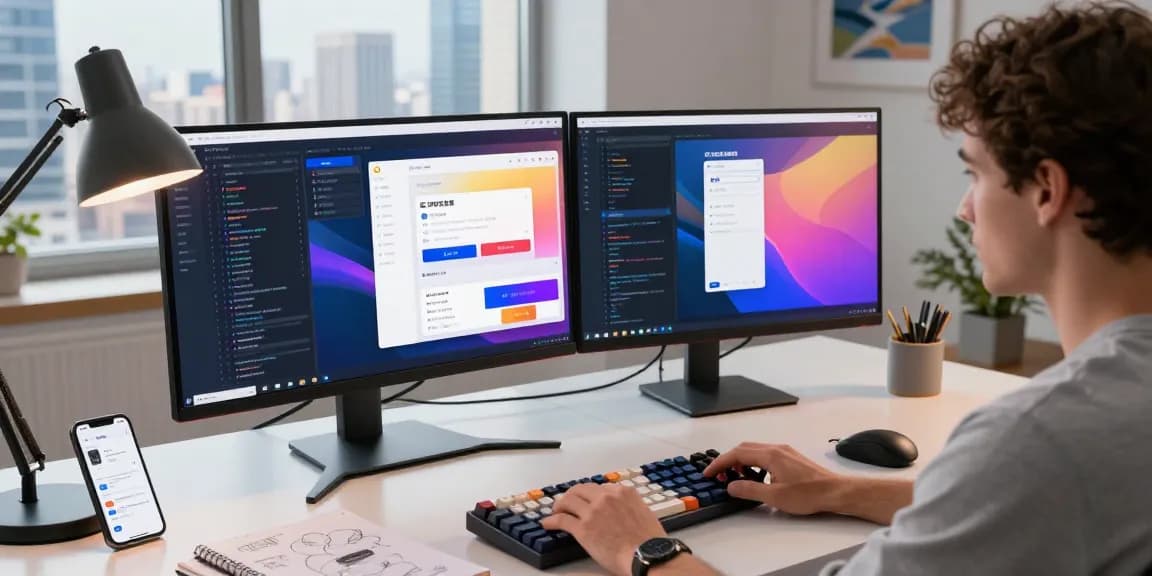 Innovative tech workspace illustrating coding and design for 纸飞机中文版官网 with vibrant workspace elements.
