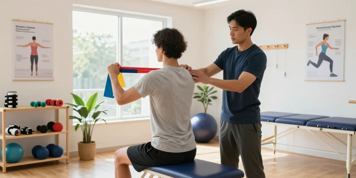 Individual using orthopedic accessories for rehabilitation guided by a physiotherapist in a bright clinic.