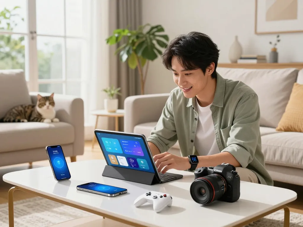 Explore smart tech gadgets in a modern living room with a tech-savvy enthusiast engaging with innovative devices and apps.