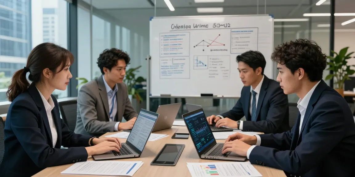 Analysts collaborating on financial crime intelligence strategies in a modern office setting.