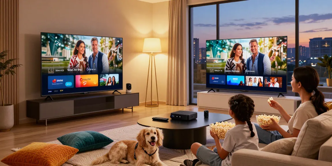 Family enjoying a movie night on Smart TV with Iron TV Pro streaming service.