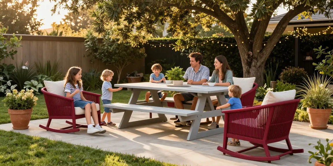 Patio furniture sale featuring a ruby dining set and light gray picnic table in a charming outdoor garden.