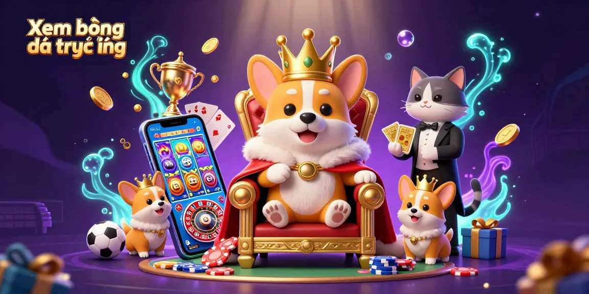 Xem bóng đá trực tiếp with sports betting elements and a royal corgi on poker chips.