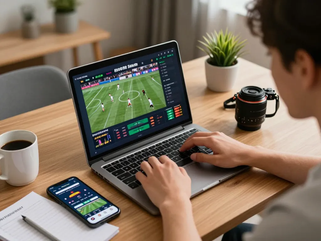 Person engaged in online sports betting with nk888 app, laptop displaying live sports events, focused atmosphere.