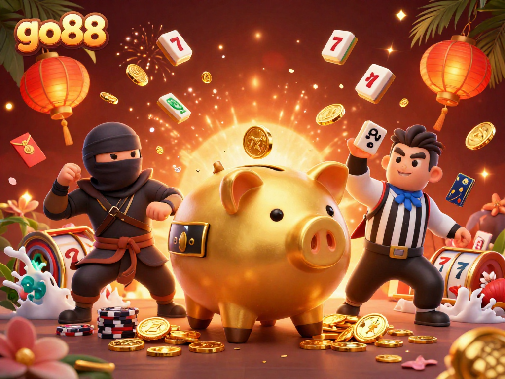 Engage with go88 for unbeatable gaming excitement featuring a golden piggy bank sumo wrestler.