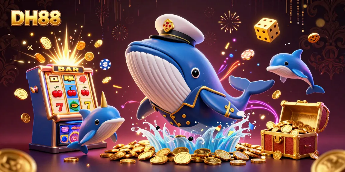 Experience thrilling casino action with DH88 in a vibrant 3D illustration of a whale and playful dolphins.
