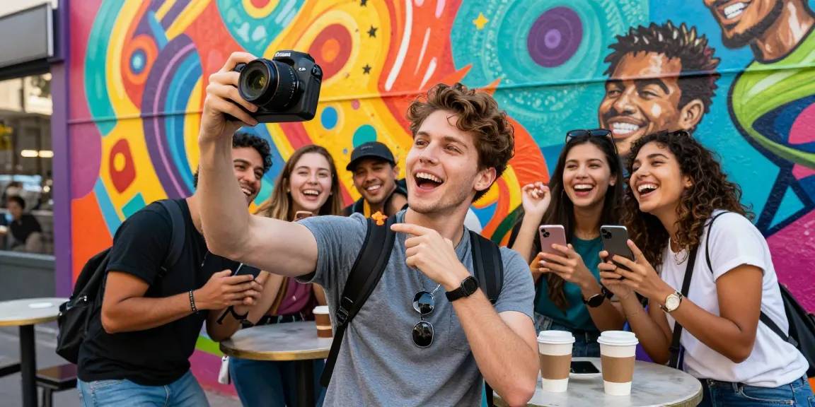 Person taking a selfie who looks like a celebrity in lively urban setting