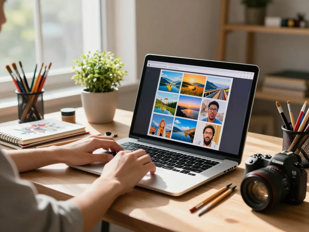 User generating an image to prompt using an AI tool in a creative workspace with vibrant images on the screen.