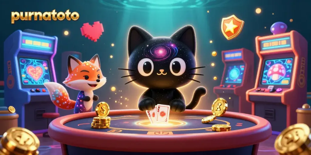 Menangkan permainan di purnatoto dengan kucing hitam yang menarik chip emas di meja kasino.