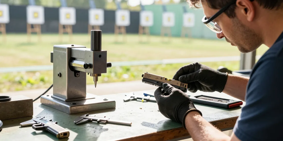 Expert gunsmith enhancing Glock slides at https://precisionglockslides.com in a dynamic outdoor shooting range.