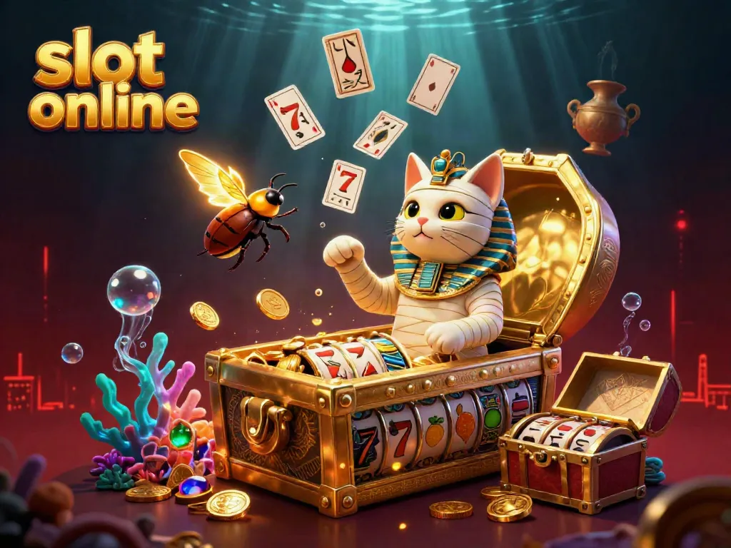 Engage with slot online excitement in this dynamic Egyptian-themed casino illustration showcasing vibrant slot reels and sparkling treasures.