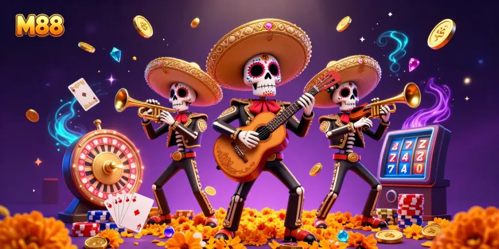 Experience M88 gaming excitement with a lively mariachi scene, gold coins, and vibrant casino elements.