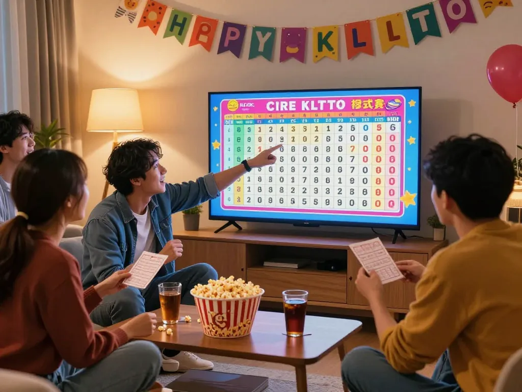 Friends celebrating together while watching HK Lotto live draw results on TV in a cozy living room.