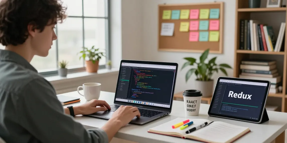Focused individual studying a React and Redux course online in a bright home office, laptop showing coding examples.