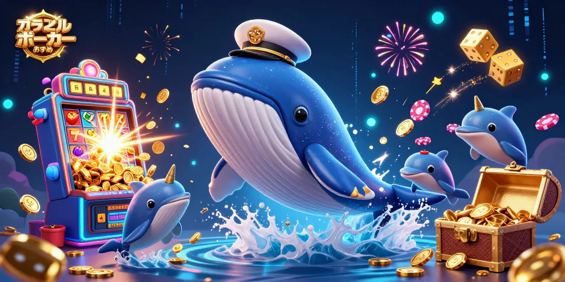 オンラインポーカー おすすめで賑わう海の中、キャプテンの艦服を着たクジラと仲間たちが楽しむ様子。