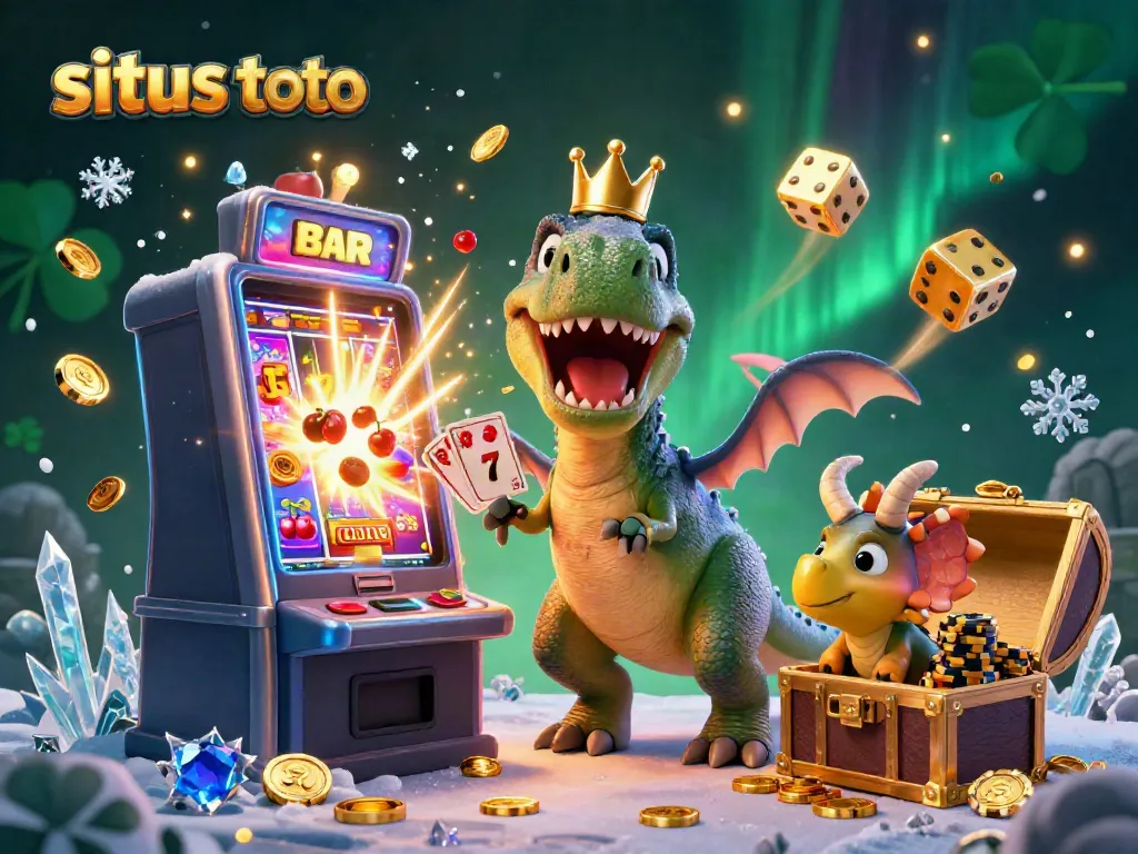 Experience the thrill of situs toto with a vibrant 3D scene featuring a T-Rex and friends at a slot machine jackpot.