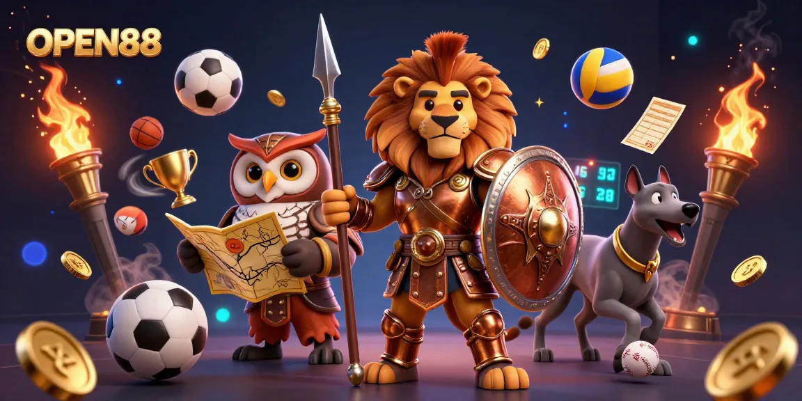 Experience exhilarating gameplay at OPEN88 with dynamic sports betting featuring a Spartan lion, owl strategist, and greyhound.