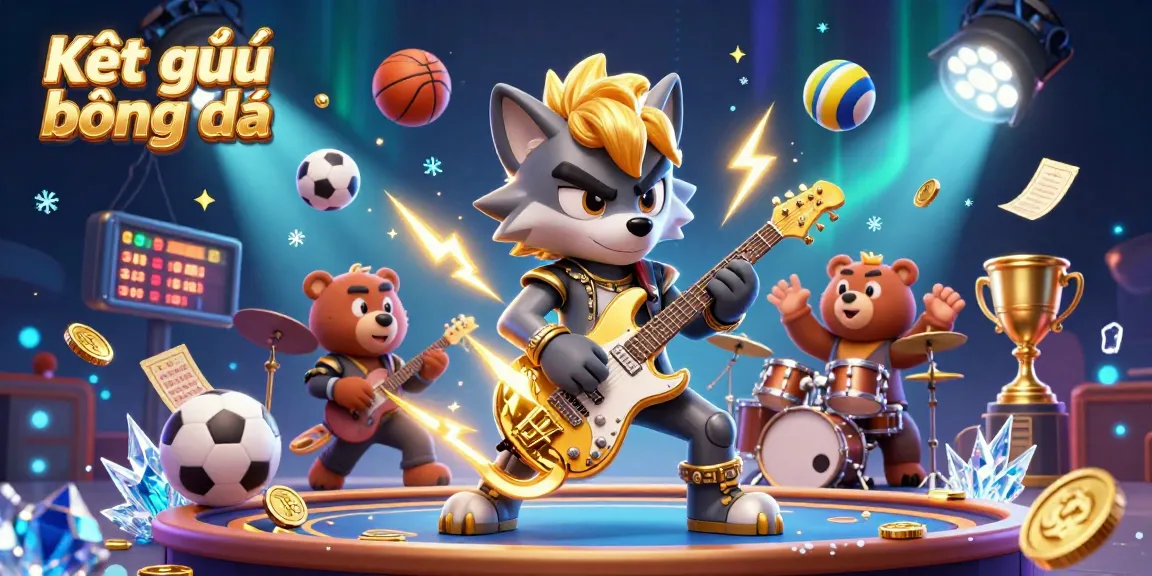 View Kết quả bóng đá with dynamic sports action elements and vibrant casino atmosphere featuring a rock star wolf.