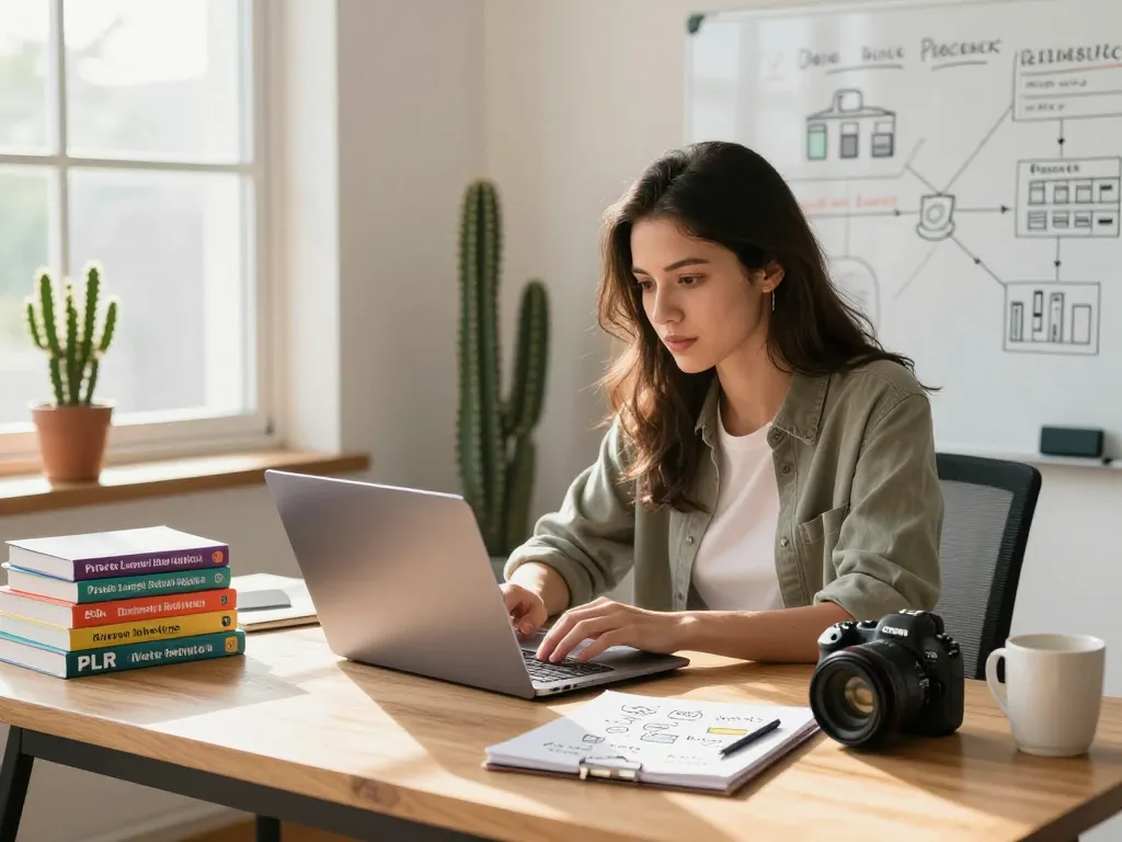 Buy Private Label Rights Products at a stylish home office with an entrepreneur researching PLR options.