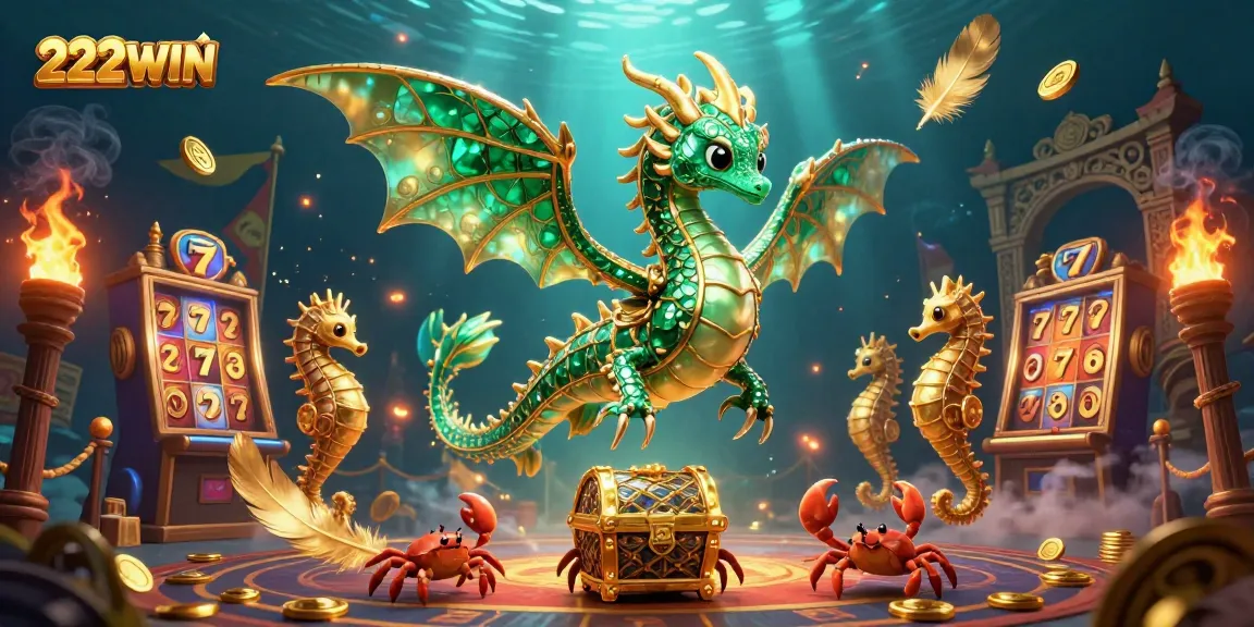 Experience the thrill of 222WIN with an engaging 3D casino illustration featuring rich visuals of slots and jackpots.