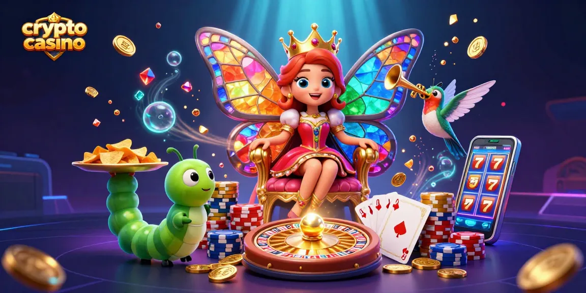 Gioca in un crypto casino mentre la regina farfalla e i suoi servitori offrono chips d'oro.