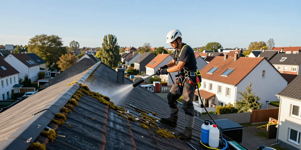 Dachreinigung Firma Dortmund bei der professionellen Reinigung von Dächern in Wohngebieten, um Sicht und Langlebigkeit zu steigern.