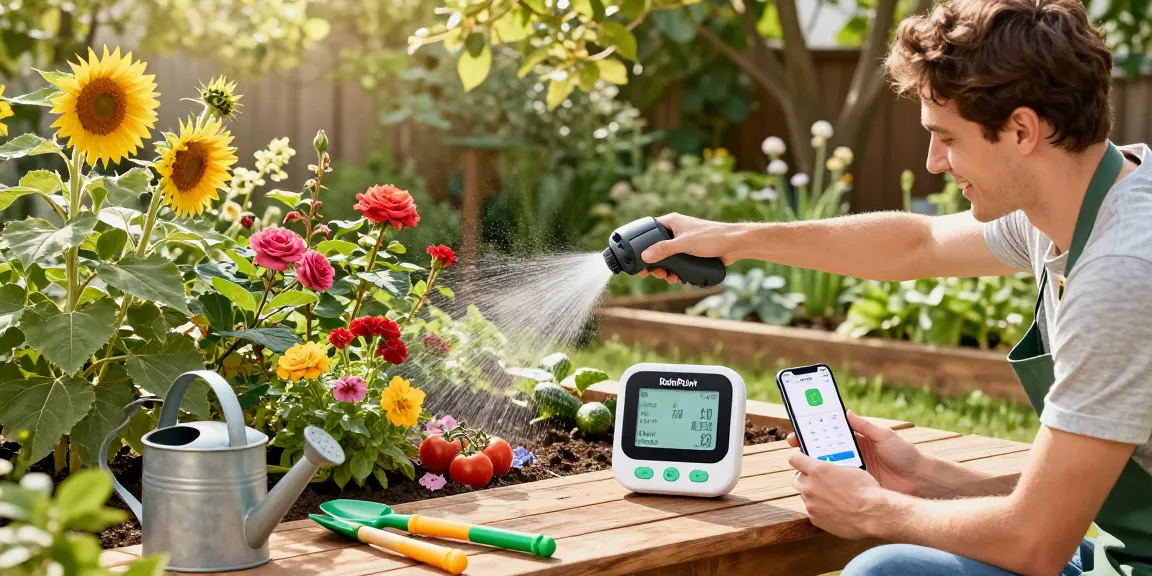 Homeowner using RainPoint WiFi water timer in lush garden for effortless plant care.