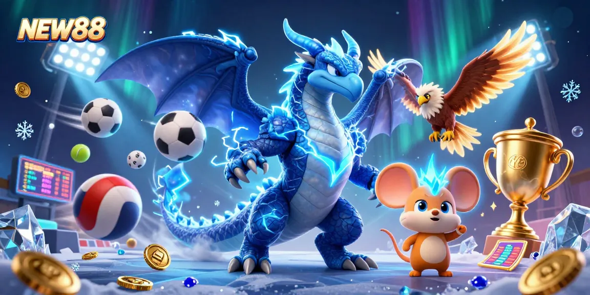 Experience thrilling games at NEW88 with electrifying characters and dynamic sports elements in a vibrant scene.