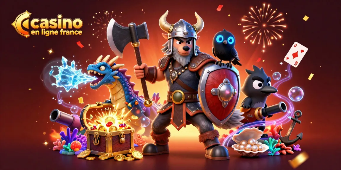 Illustration dynamique de casino en ligne France avec un guerrier Viking et un dragon, pleine d'éléments de jeu.