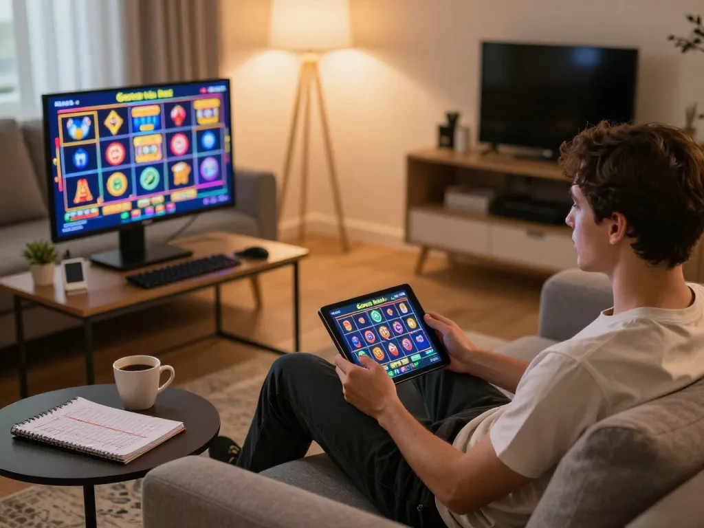 Engaging gameplay of slot gacor hari ini on tablet in a cozy home setting with warm lighting