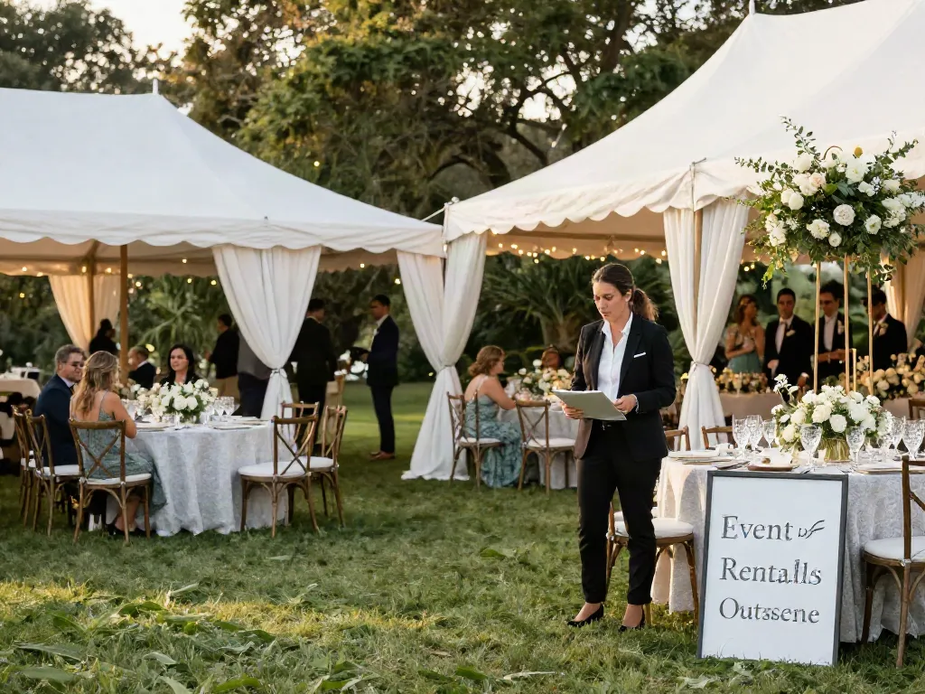 Event rentals setup for a stunning outdoor wedding with elegant tents and floral decorations