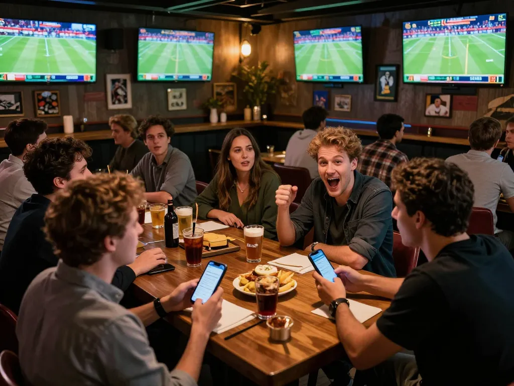 Patron checking vaobet app while enjoying sports betting experience in a vibrant bar atmosphere