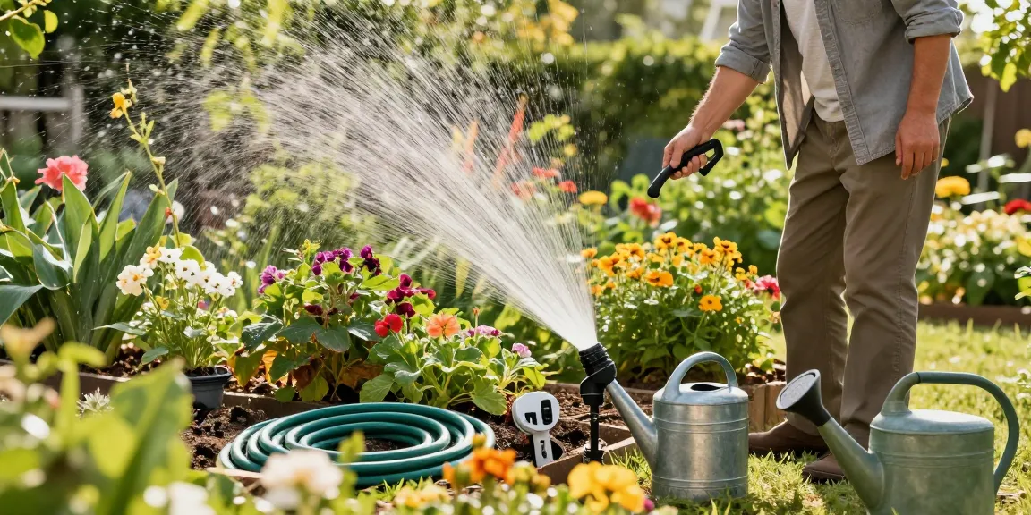 A gardener utilizing the rainpoint water timer in a vibrant garden setting, showcasing efficient irrigation.