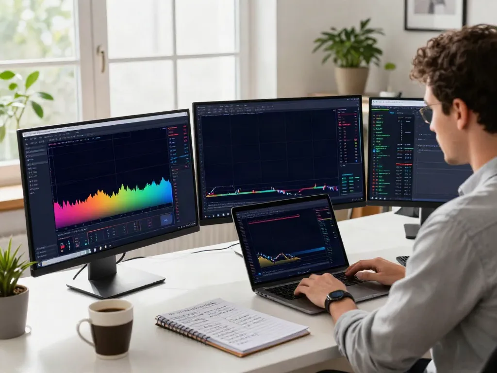 Trader using TradingView software in a modern home office