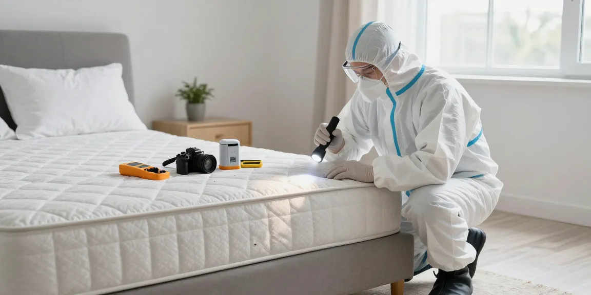 Professional performing bed bug control inspection in a clean home setting.