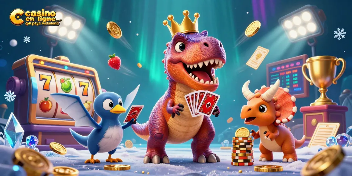 Image dynamique illustrant le T-Rex et ses amis en train de jouer aux machines à sous, un vrai casino en ligne qui paye vraiment.