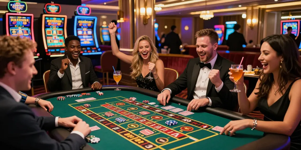 Excited players celebrating at a UK credit card casino, vibrant atmosphere full of games and joy.