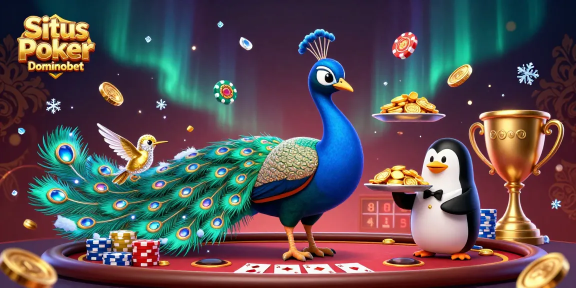 Situs Poker Dominobet showcases an opulent poker scene with vibrant characters, dynamic chips, and engaging game elements.