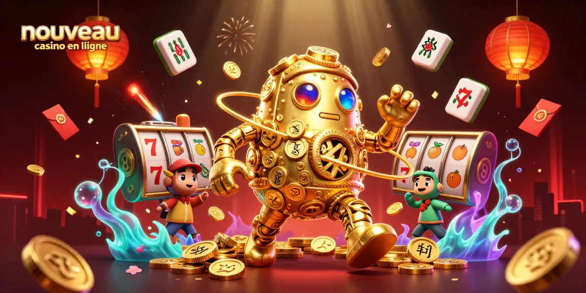 Illustration dynamique d'un nouveau casino en ligne avec un golem en or et des symboles de machine à sous.