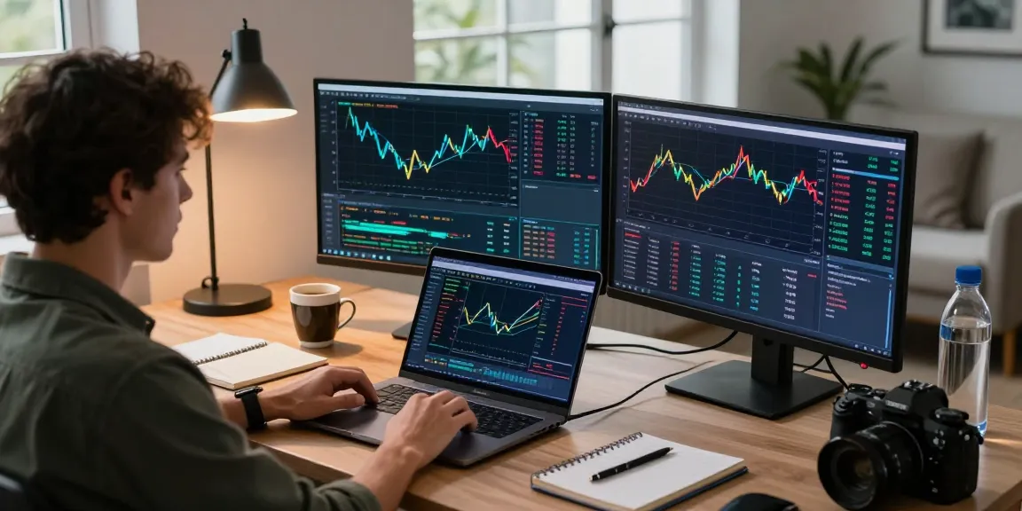 Cricbet trading workspace with cryptocurrency dashboards, secure wallet, and charts in a modern home office.
